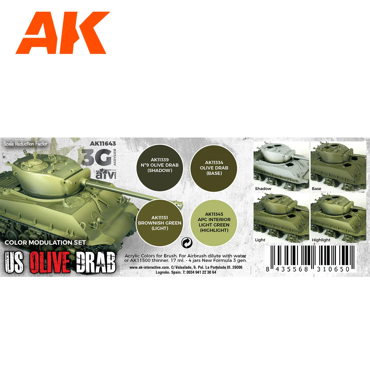 AK Interactive 3rd Gen AFV Paint Set - US Olive Drab Modulation Set (AK11643) - Image 2