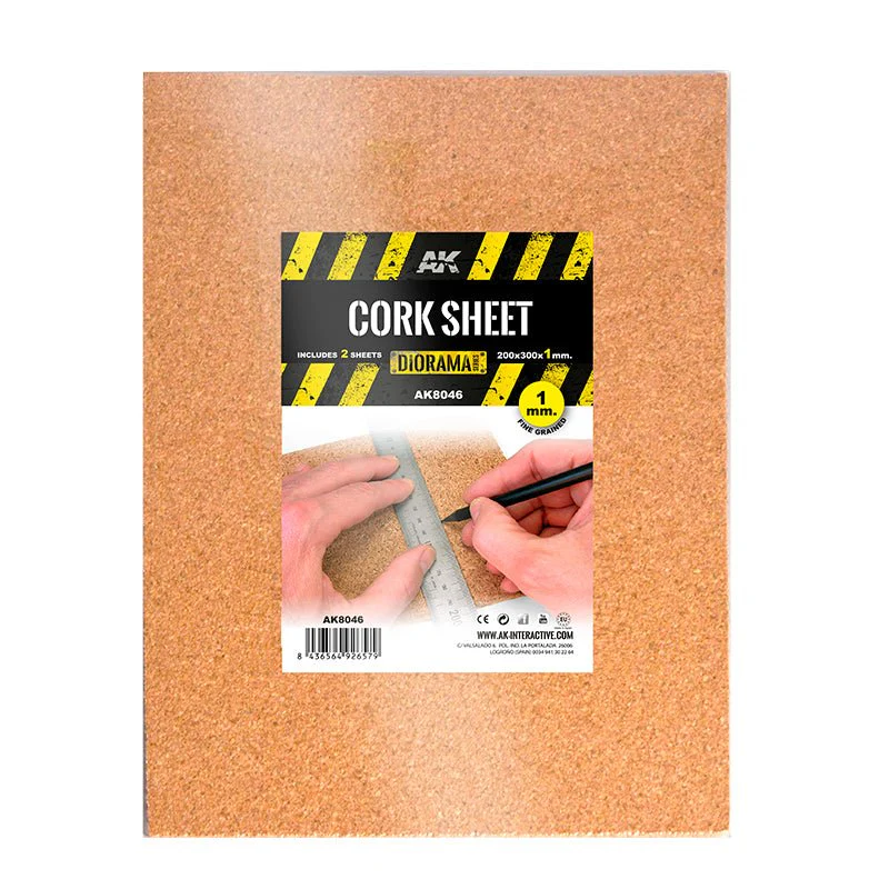 AK Interactive - Fine Grain Cork Sheets 200x300mm 1mm Thick (Pack of 2) (AK8046)