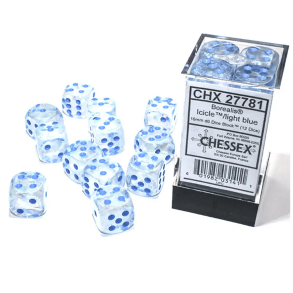 Chessex - Borealis 16mm D6 Dice Block - Luminary Icicle light Blue Dice Block