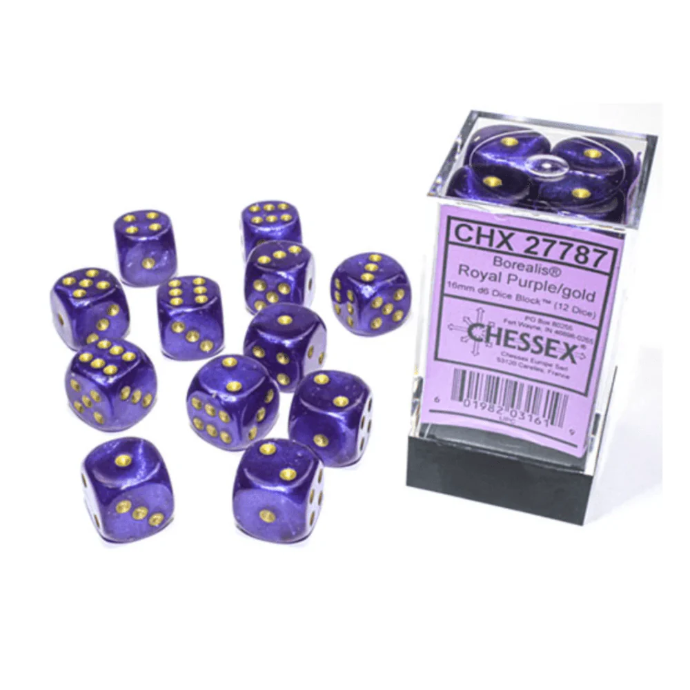 Chessex - Borealis 16mm D6 Dice Block - Luminary Royal Purple & Gold Dice Block