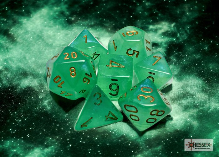 Chessex - Borealis Polyhedral 7 Dice Set - Luminary Light Green & Gold - Image 4