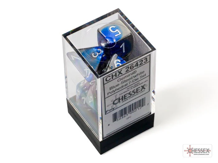 Chessex - Gemini Polyhedral 7 Dice Set - Blue, Steel with White - Image 3