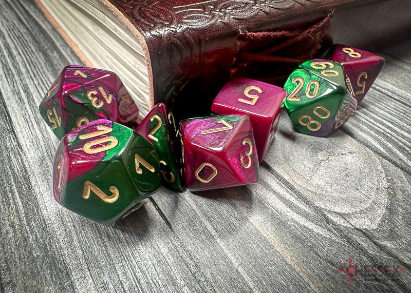 Chessex - Gemini Polyhedral 7 Dice Set - Green-Purple with Gold - Image 6