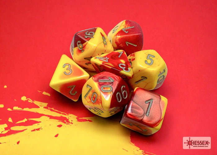 Chessex - Gemini Polyhedral 7 Dice Set - Red-Yellow with Silver - Image 2