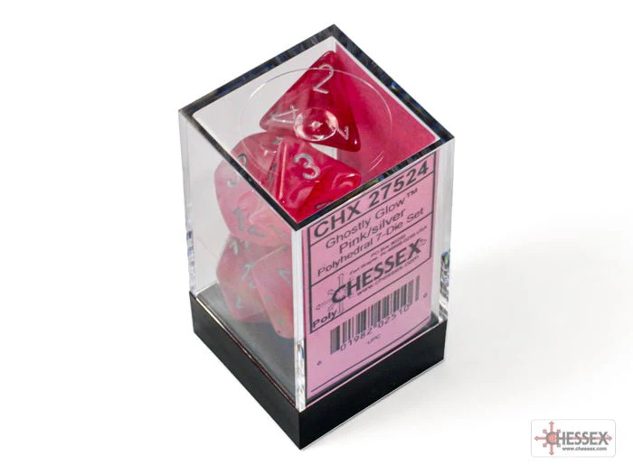 Chessex - Ghostly Polyhedral 7 Dice Set - Glow Pink & Silver - Image 3