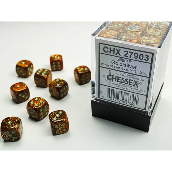 Chessex - Glitter 12mm D6 Dice Block - Gold w/ Silver