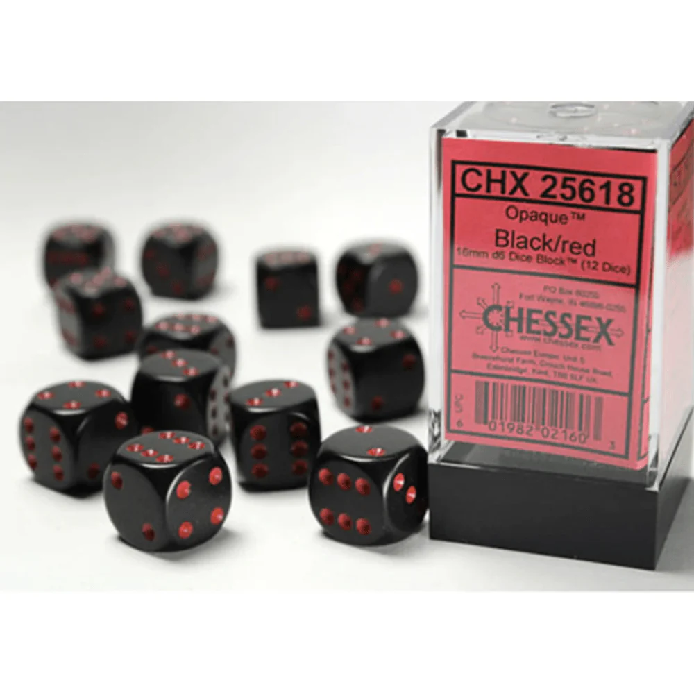 Chessex - Opaque 16mm D6 Dice Block - Black with Red
