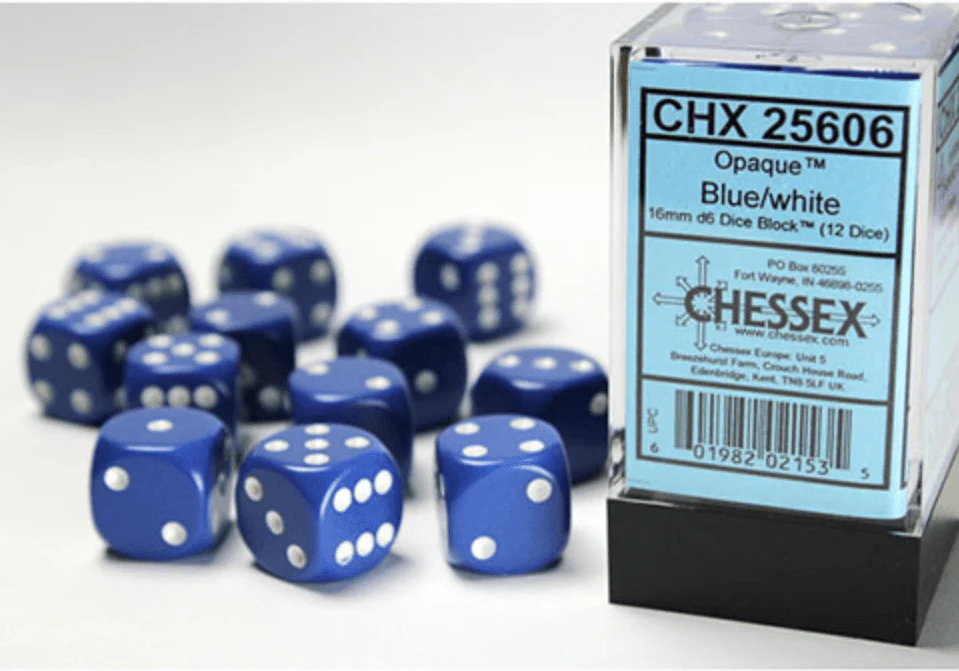 Chessex - Opaque 16mm D6 Dice Block - Blue with White - Image 3
