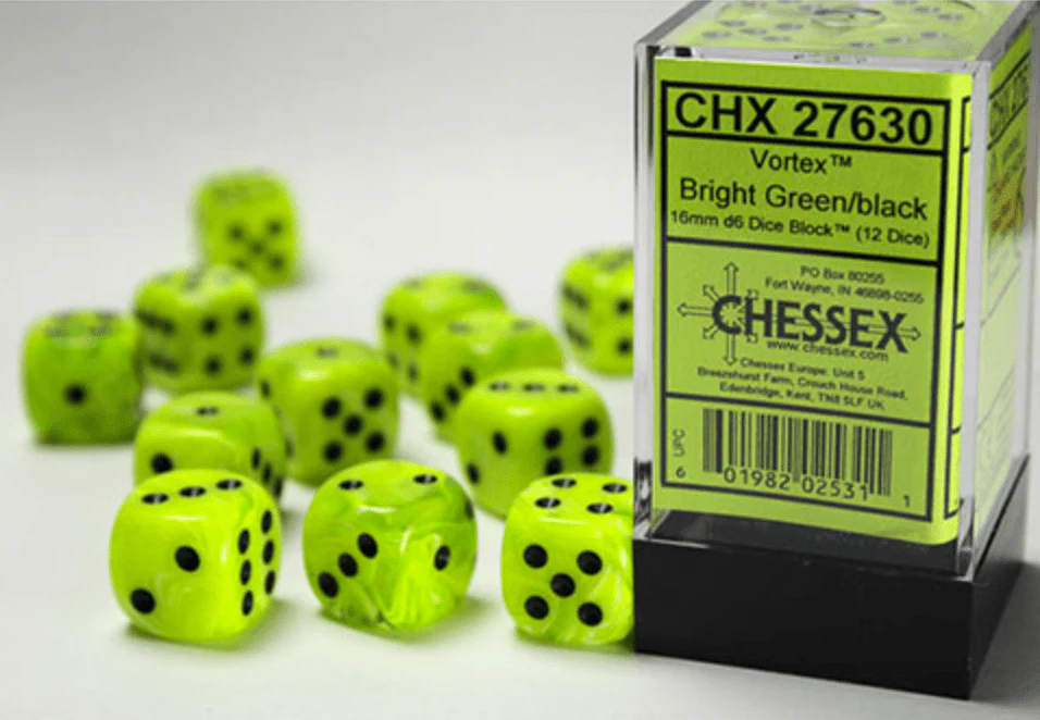 Chessex - Vortex 16mm D6 Dice Block - Bright Green with Black - Image 3